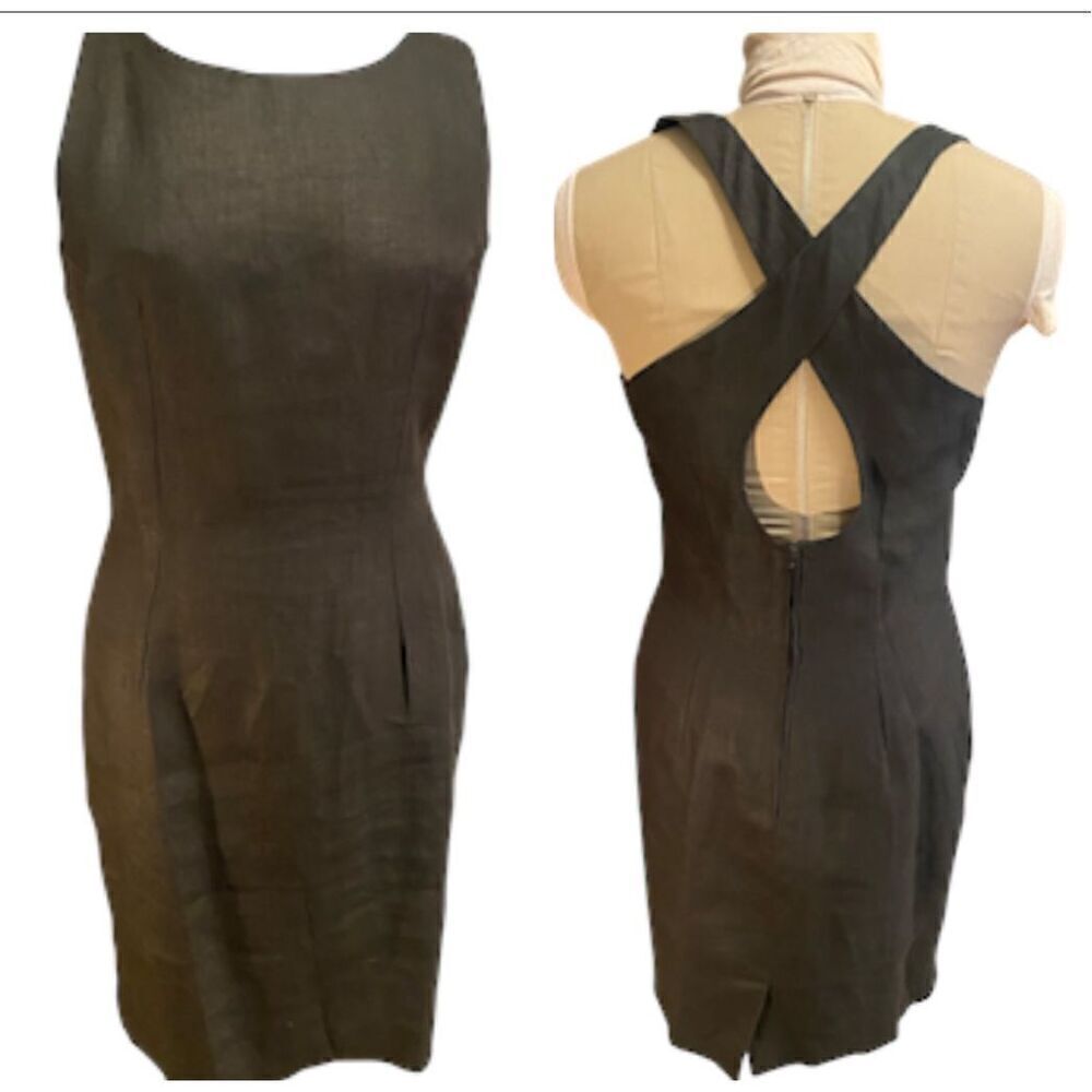 Little Black Dress 100% Linen Sz. 12 Club France Criss Cross Back